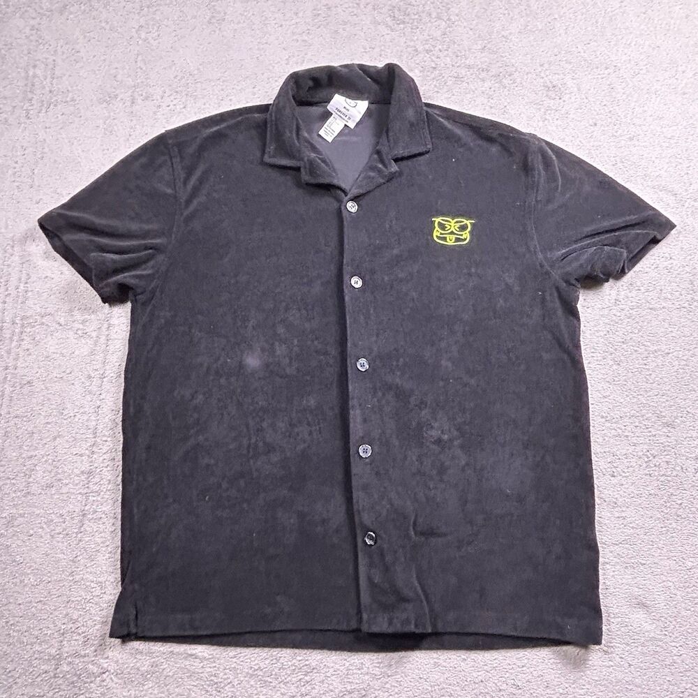 Forever 21 Sanrio Button Down Camp Shirt Men's M Keroppi Terry Cloth Black Y2K